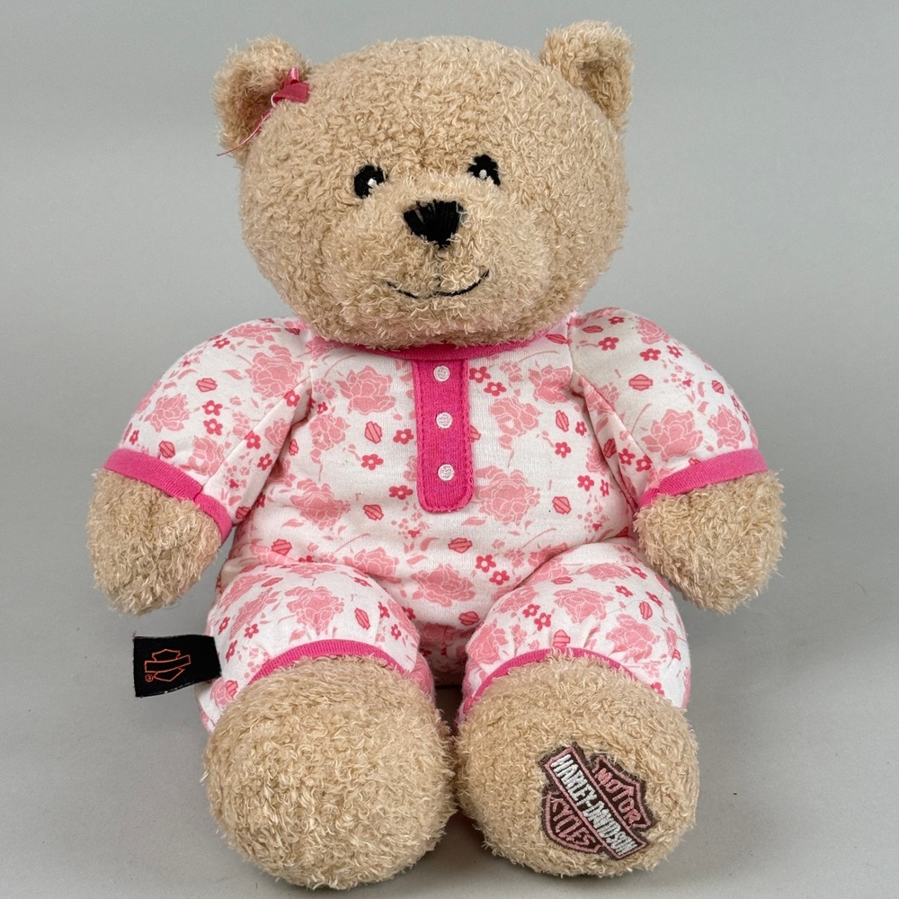 Harley-Davidson Teddy Bear Plush Pink Pajamas Floral Romper 12"